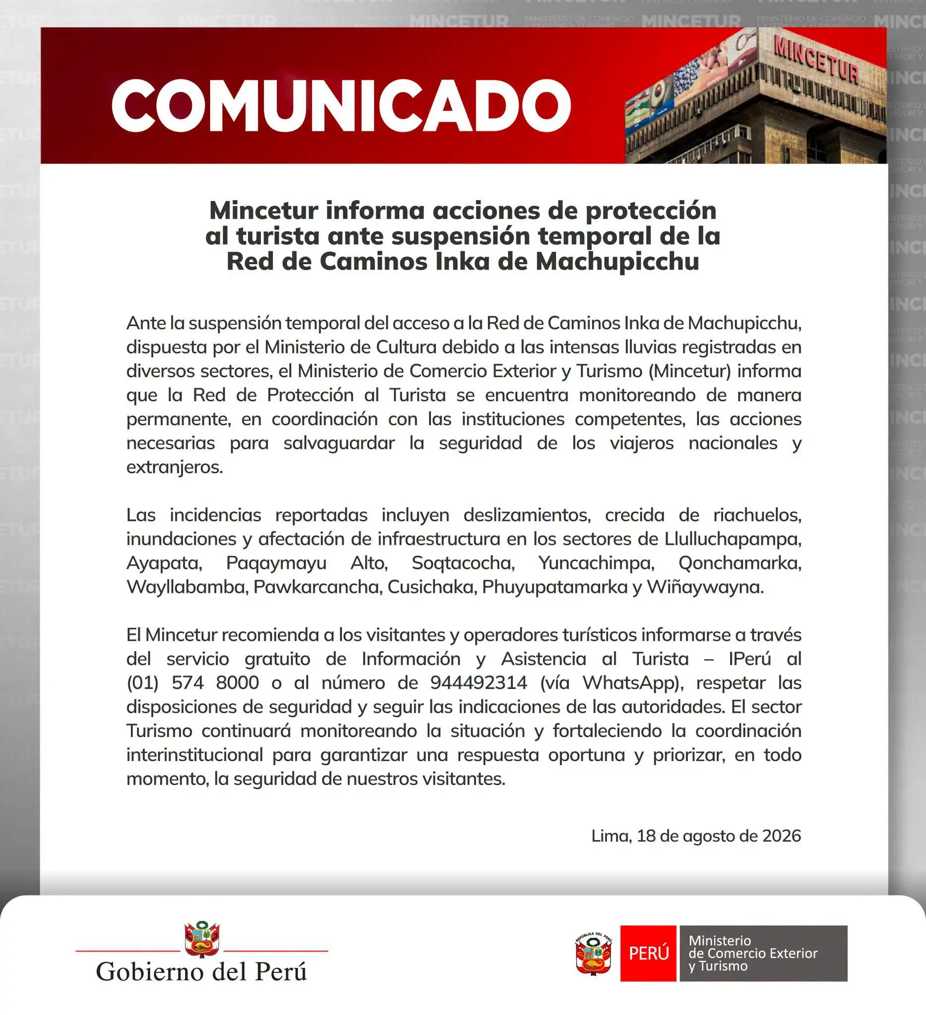 Comunicado Camino del Inca